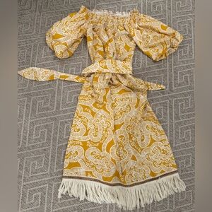 ANTONIO MELANI Yellow and White Off-Shoulder Dress